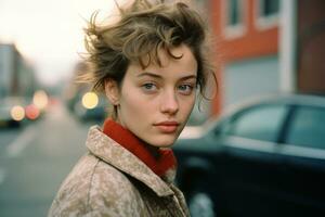 a young woman with curly hair standing on the street generative ai photo