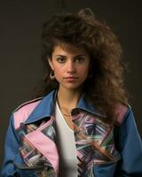 a young woman with curly hair wearing a colorful jacket generative ai photo