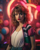 a young woman with headphones and neon lights in the background generative ai photo
