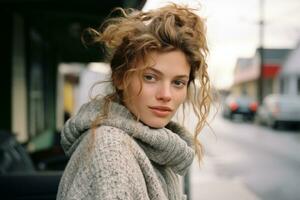 a young woman with curly hair wearing a sweater generative ai photo