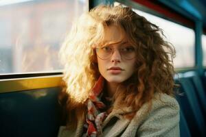 a young woman with glasses sitting on a bus generative ai photo