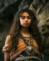 a young woman with long hair and a necklace standing in front of a rock wall generative ai photo