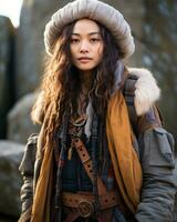 a young woman with long hair and a hat standing in front of some rocks generative ai photo