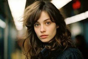 a young woman with long brown hair standing in a subway generative ai photo