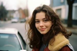 a young woman with long brown hair standing in front of a car generative ai photo