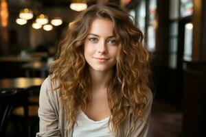 a young woman with long curly hair sitting at a table generative ai photo