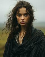 a young woman with long hair standing in the middle of a field generative ai photo