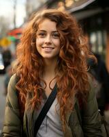 a young woman with long red curly hair standing on the street generative ai photo