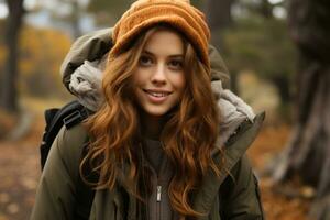 a young woman with long hair wearing a hat and jacket in the woods generative ai photo