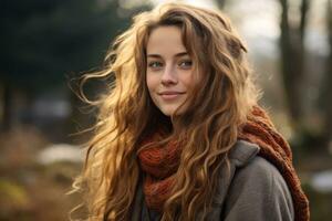 a young woman with long hair wearing a scarf generative ai photo