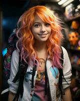a young woman with orange hair and a backpack generative ai photo