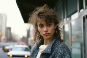 a young woman with messy hair standing in front of a building generative ai photo