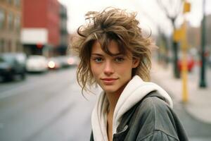 a young woman with messy hair standing on the street generative ai photo