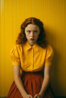 a young woman with red hair sitting in front of a yellow wall generative ai photo