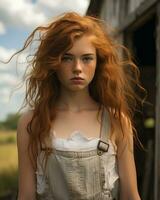 a young woman with red hair standing in front of a barn generative ai photo