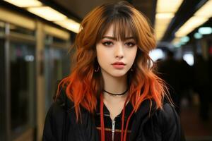 a young woman with red hair standing in a subway station generative ai photo