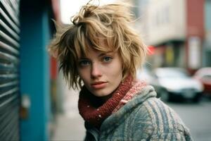 a young woman with short hair standing in front of a building generative ai photo