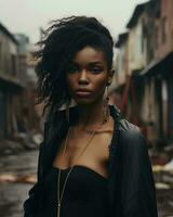 an african american woman in a black dress standing in an alleyway generative ai photo