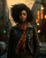 an african american woman in a leather jacket and scarf standing in the middle of a city street generative ai photo