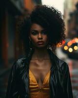 an african american woman in a yellow dress and leather jacket standing in the middle of a city street generative ai photo