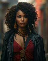 an african american woman in a red dress and leather jacket generative ai photo