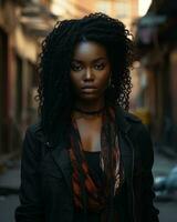 an african american woman with curly hair standing in an alley generative ai photo