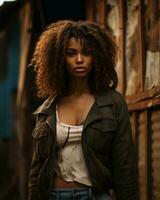 an african american woman with curly hair standing in front of a dilapidated building generative ai photo