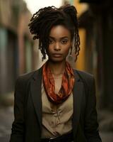 an african american woman with dreadlocks standing in an alley generative ai photo