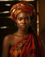 an african woman wearing an orange and red scarf generative ai photo