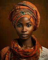 an african woman in an orange scarf and turban generative ai photo