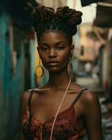 un africano mujer con rastas y pendientes generativo ai foto