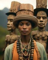un africano mujer vistiendo un sombrero y participación un de madera estatua generativo ai foto