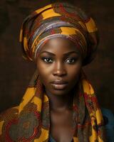 un africano mujer vistiendo un vistoso Pañuelo generativo ai foto