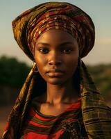un africano mujer vistiendo un vistoso cabeza envolver generativo ai foto