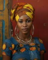 un africano mujer vistiendo un vistoso cabeza envolver generativo ai foto