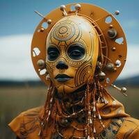 an african woman with a painted face and headpiece in a field generative ai photo