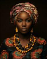 an african woman wearing a colorful headscarf and necklace generative ai photo