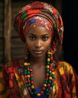 un africano mujer vistiendo vistoso rosario y un cabeza bufanda generativo ai foto