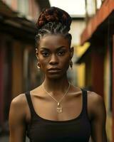 un africano mujer con trenzas en su pelo en pie en un callejón generativo ai foto