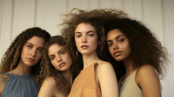 Diversity group of girls. Beautiful young women with long curly hair looking at camera in studio. photo