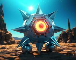 an alien robot standing in the desert with a glowing red eye generative ai photo
