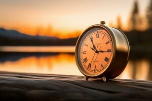 an alarm clock sitting on top of a log by a lake generative ai photo