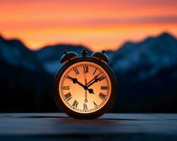 un alarma reloj sentado en parte superior de un mesa con montañas en el antecedentes generativo ai foto