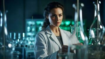 atractivo hembra científico trabajando en un nuevo experimentar en el laboratorio. mujer es conductible experimentos vistiendo un científicos. foto