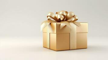 Close view of a closed beige gift box with a beige ribbon on a white isolated background. photo