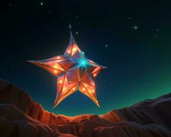 an animated star on top of a mountain with a star in the sky generative ai photo