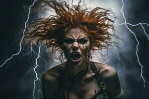 an angry redhead woman with lightning coming out of her hair generative ai photo