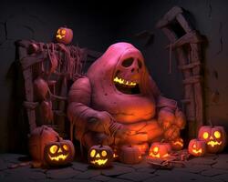 an animated image of a skeleton sitting in front of a bunch of pumpkins generative ai photo