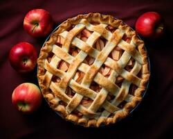 an apple pie with lattice on top and apples around it generative ai photo