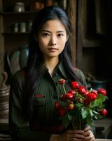 un asiático mujer participación un ramo de flores de rojo rosas generativo ai foto